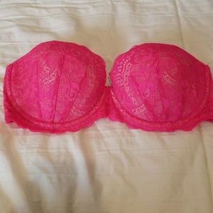 Hot pink lace strapless lightly-lined bra